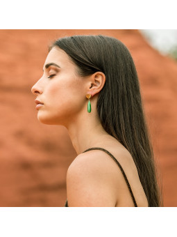 Boucles D'oreilles Pendantes En Jade Vert Avec Symbole Chinois "Fu" - Argent Sterling .925 Plaqué Or 14K